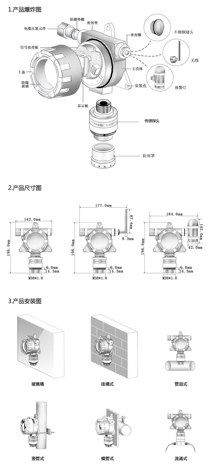 大眾固定安裝式1-碘丙烷濃度檢測儀不帶顯示型網絡版尺寸與安裝圖